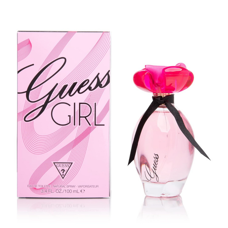 Guess Girl Eau de Parfum for women in a 3.4oz bottle, featuring a sleek perfume design with floral and fruity notes.