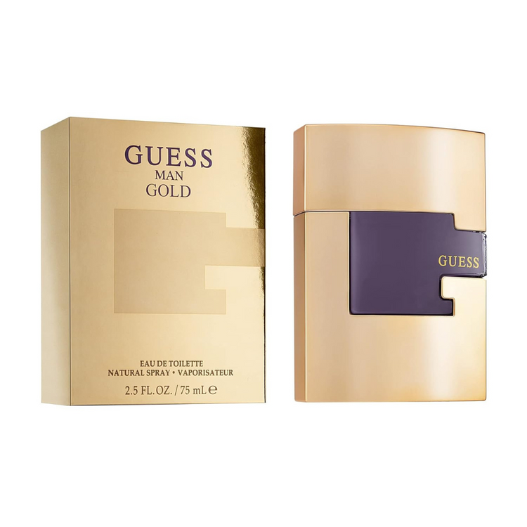 Guess Gold Eau de Parfum for men in a 2.5oz bottle, featuring a sleek design and gold accents, perfect for sophisticated style.