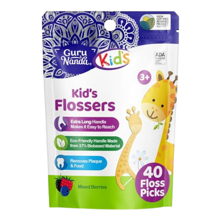 Guru Nanda Kids flossers in a 40-count pack, designed for gentle oral care for children, featuring colorful handles and soft floss.