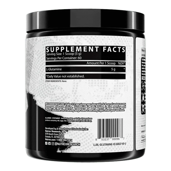 Pure Nutrex Glutamine supplement for joint support, featuring 60 servings in a clear container with supplement scoop.