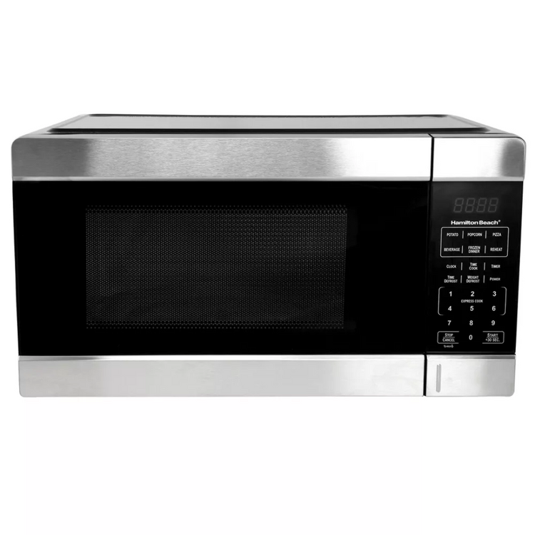 Hamilton Beach 1.1 cu ft 1000W microwave oven with digital control panel and stainless steel finish, compact kitchen appliance.