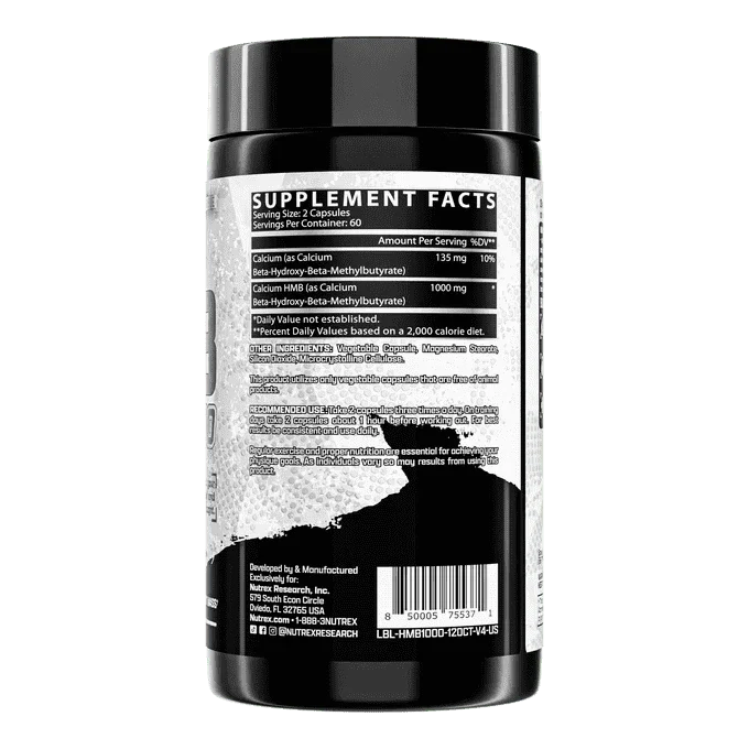 Bottle of Nutrex HMB 1000 dietary supplement capsules for muscle support, branded by PoorBoySupplements.com.
