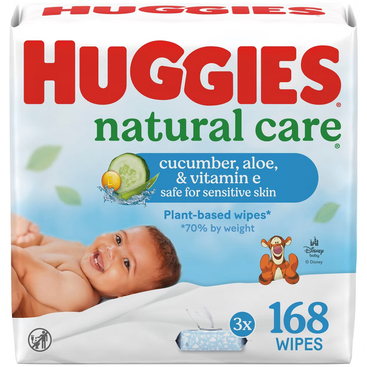 HUGGIES Natural Care baby wipes in a pack of 168, gentle and natural for sensitive skin, suitable for infants.