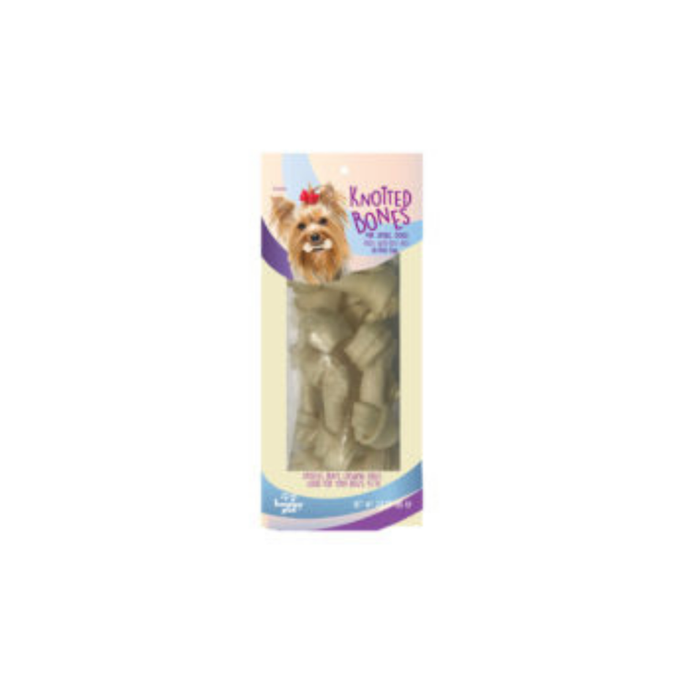 Small Happy Pet Knotted Bones from Farmacias Savia, natural dog chew snack in a 5oz package, showing the knotted bone shape.