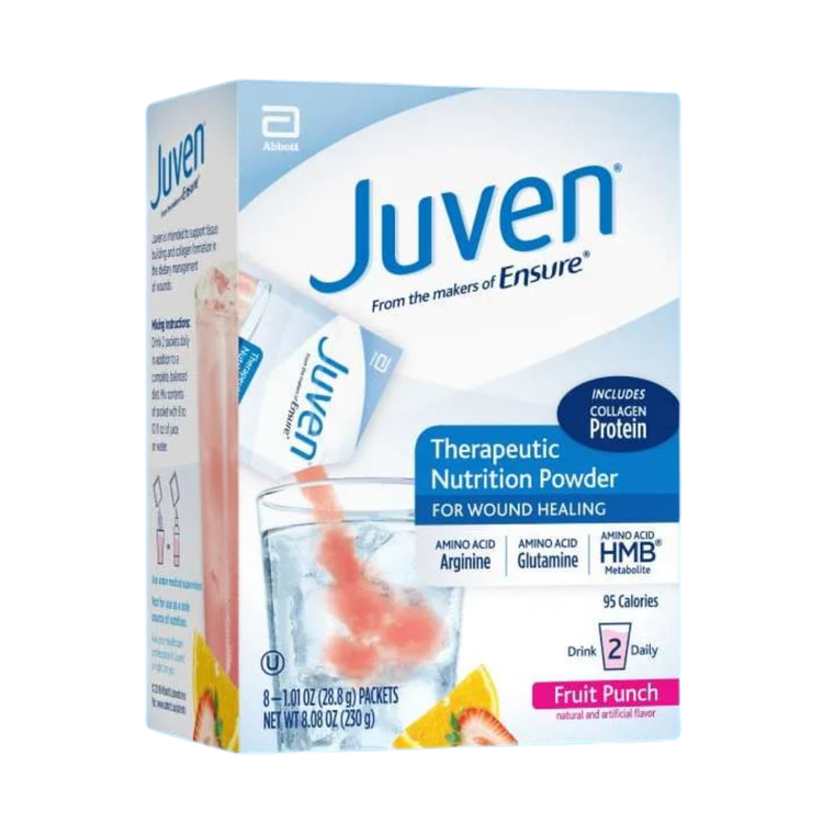 Juven Pediatric Electrolyte Drink Mix Fruit Punch flavor, 8-pack, showing colorful powder packets for kids&