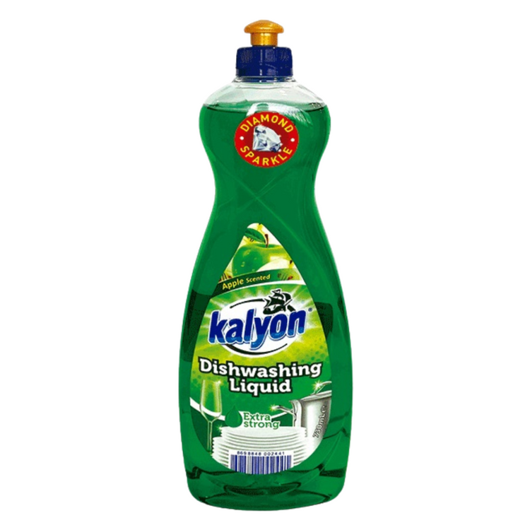 Kalyon dishwashing liquid Apple scent in 750ml bottle, biodegradable detergent for cleaning dishes, with fresh apple fragrance.