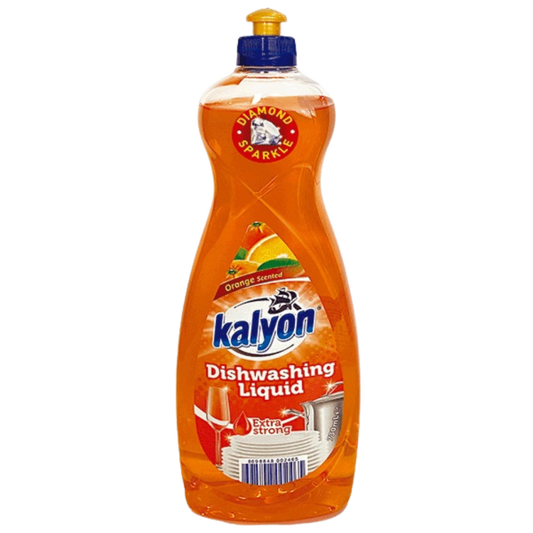 Kalyon orange-scented dishwashing liquid in a 750ml bottle, effective detergent for cleaning dishes and kitchenware.