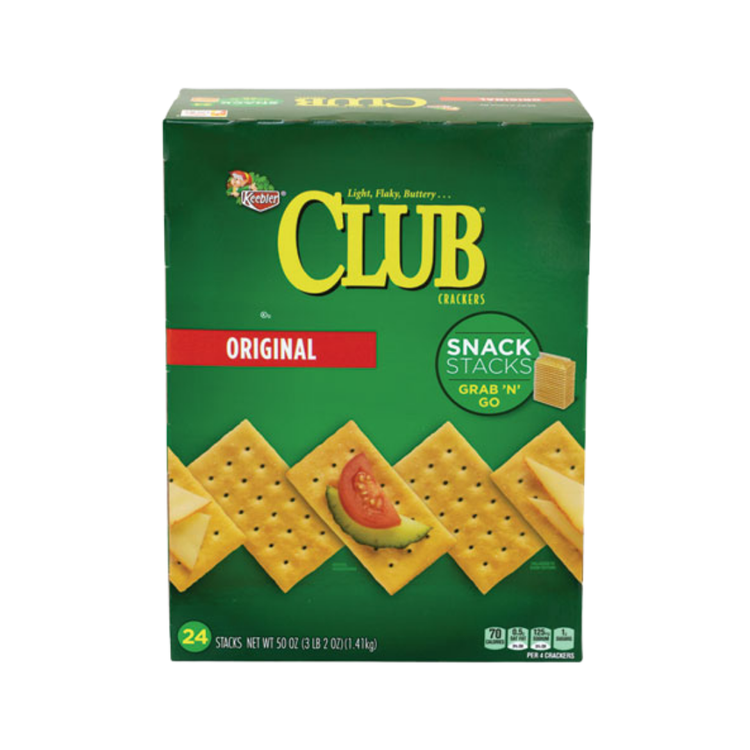 Keebler Club Original Crackers in 13.7 oz package, featuring golden rectangular crackers with ridged edges and the Keebler logo.