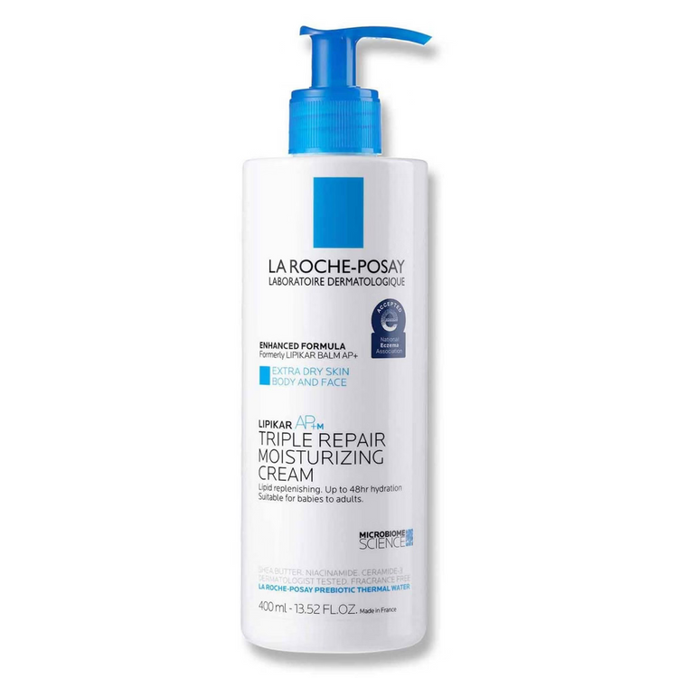 La Roche-Posay Lipikar Balm AP+ intense repair moisturizing cream in a 13.52 oz jar, for dry skin care.