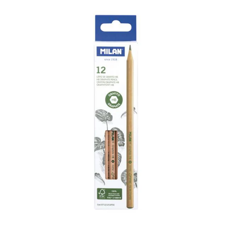 Set of 12 Milán HB graphite pencils for school use, featuring a sleek design and comfortable grip, ideal for students.