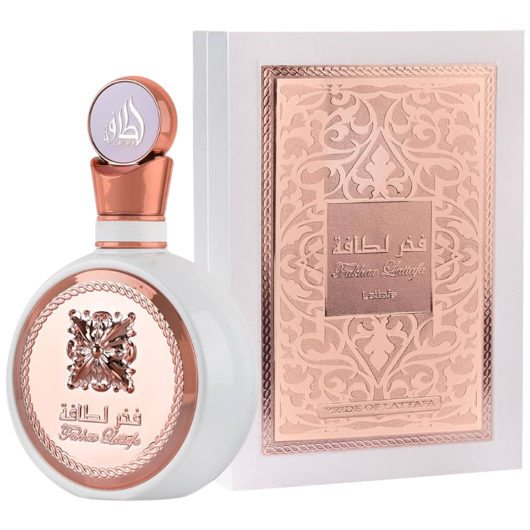 Lattafa Fakhar Eau de Parfum for women in a 3.4oz bottle, featuring elegant perfume design and floral fragrance details.