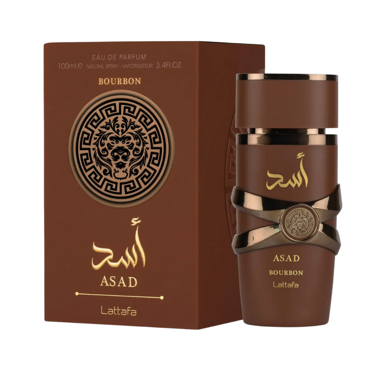 Unisex Lattafa Asad Bourbon Eau de Parfum bottle with gold accents, showcasing a sophisticated fragrance design.