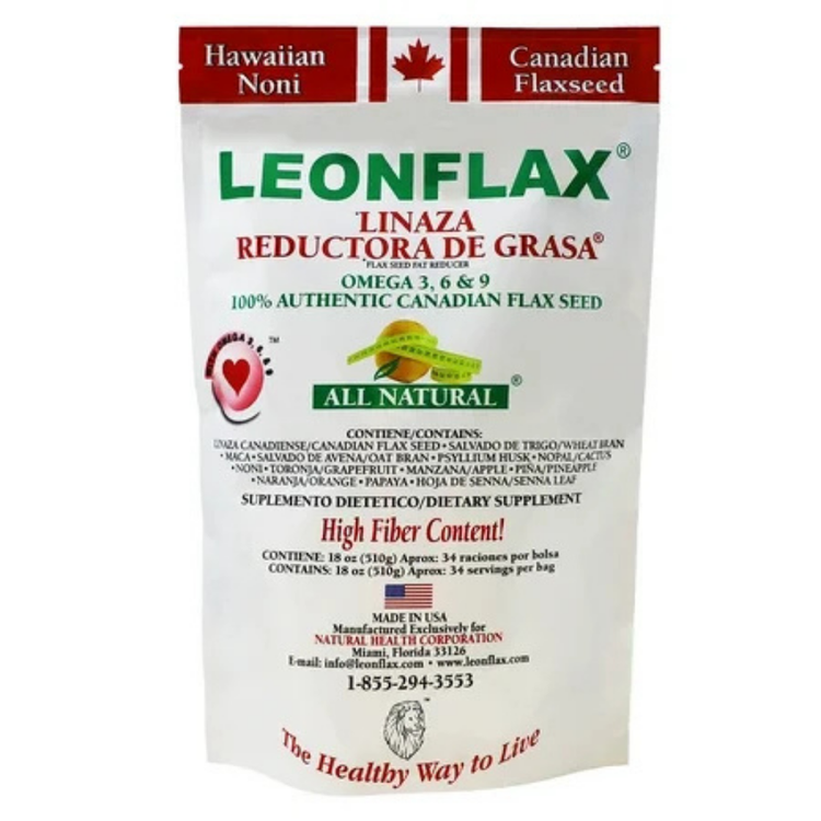 Organic flaxseed in an 18 oz package from Leonflax, displayed in a clear bag with flax seeds visible inside.