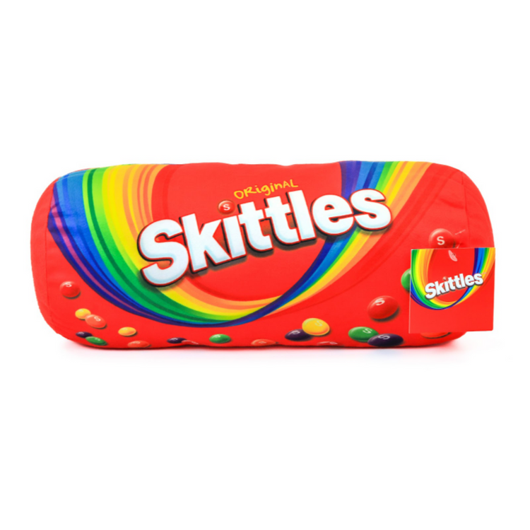 Farmacias Savia lumbar cylindric pillow with Skittles design, soft fabric and supportive shape for comfortable lumbar relief.