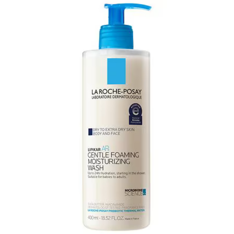 La Roche-Posay Lipikar AP+ gentle foaming moisturizing wash for body and face, 13.52 oz, skin care product.