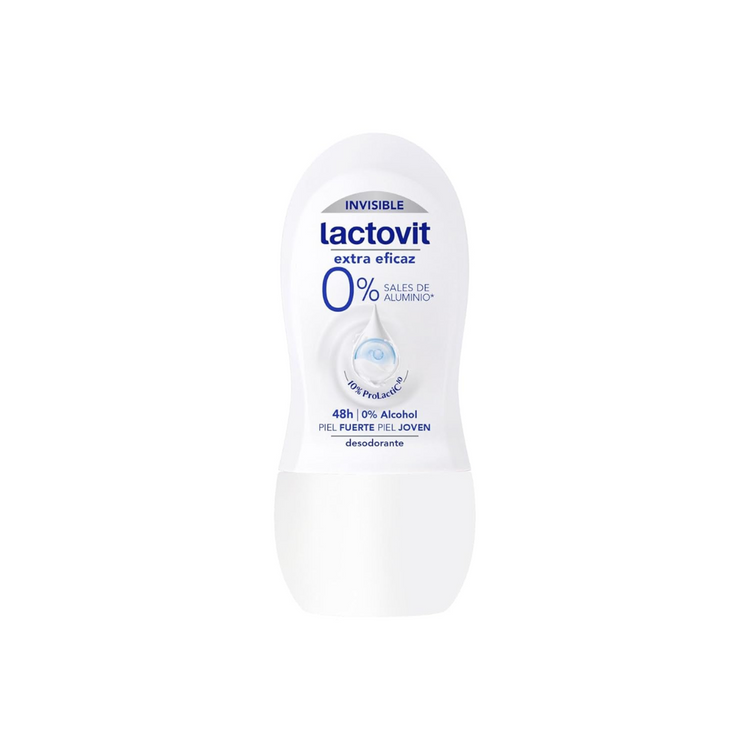 Lactovit Invisible Extra Eficaz deodorant roll-on from Farmacias Savia, 1.8 oz, in a clear container with blue cap, designed for underarm freshness.