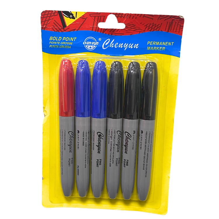 Six colorful permanent markers from Farmacias Savia, with thick chisel tips ideal for school and creative writing projects.