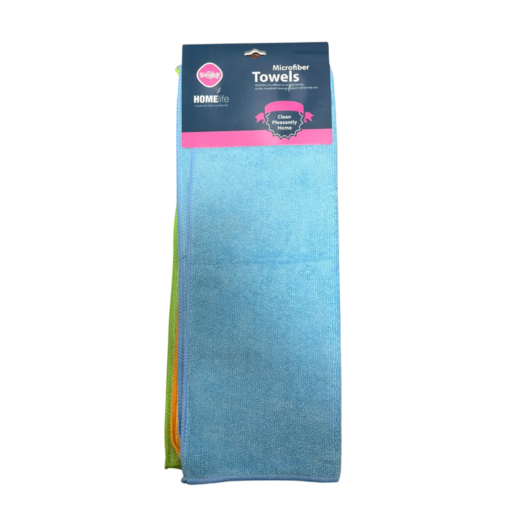 Set of three microfiber cleaning towels from Farmacias Savia, soft and absorbent for effective surface cleaning.