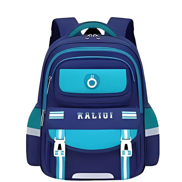 Large blue Farmacias Savia KALIUI school backpack with aqua details, featuring multiple compartments and adjustable straps.