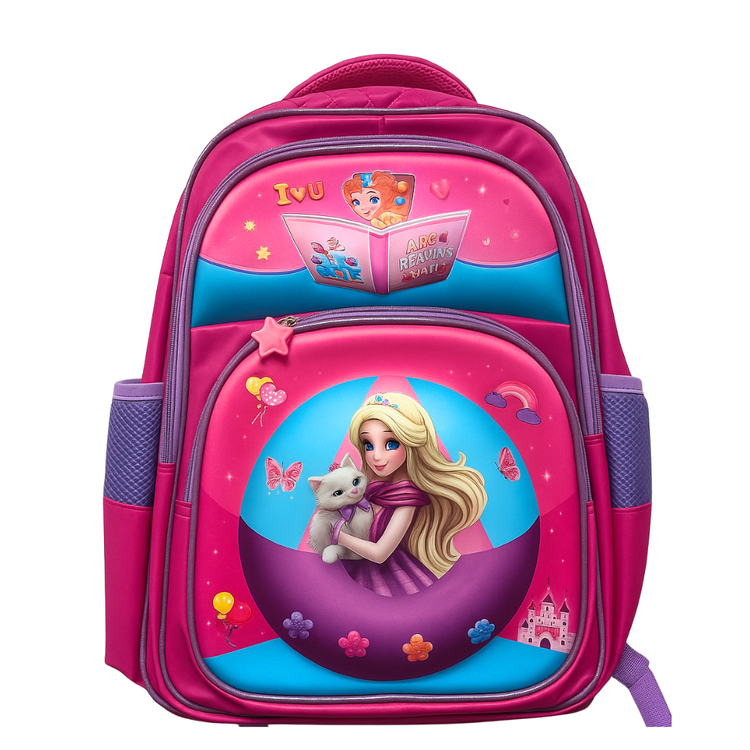 Mediana escolar mochila con diseño de princesa y gatito, de Farmacias Savia, ideal para niños y niñas.
