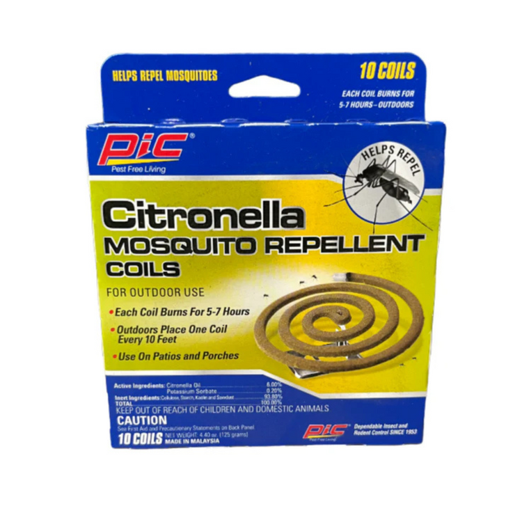 Citronella mosquito coils in a 10-pack, insecticide and mosquito repellent by Farmacias Savia, shown in a close-up image.