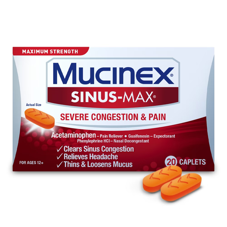 Box of Mucinex Sinus-Max Severe Congestion Relief allergy medication with 20 tablets, showing packaging and branding.