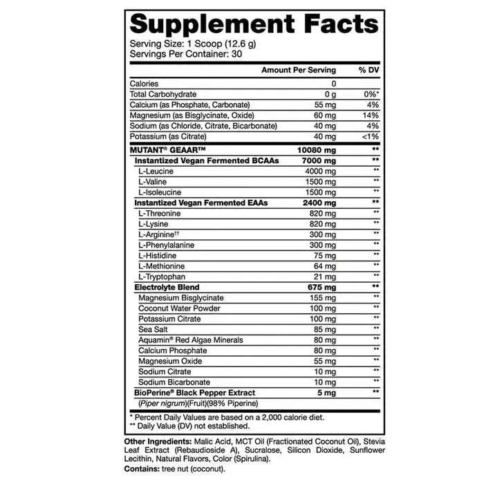 Mutant Geaar BCAA Amino Acid Supplement by PoorBoySupplements.com, 30 servings in a fitness supplement container