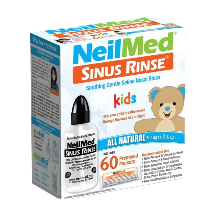 NeilMed Pediatric Sinus Rinse Saline Spray bottle, designed for children, with a child-friendly nasal spray applicator and label.