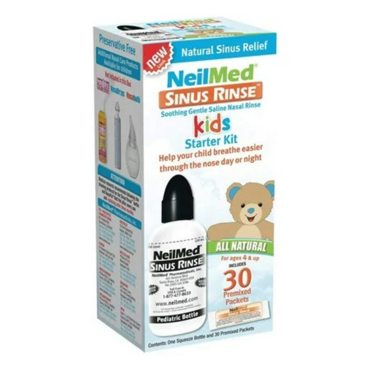 NeilMed Sinus Rinse Kids nasal wash bottle with 28 packets, gentle nasal cleansing for children, in a clear plastic bottle.