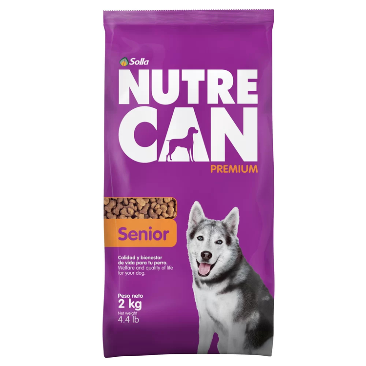 Farmacias Savia Solla Nutrecan Premium Senior Dog Food in 4.4 lb bag, nutritious alimentacion for older dogs.