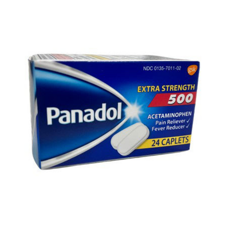 Box of Panadol Extra Strength 500 mg caplets from Farmacias Savia, showing 50 OTC pain relief caplets in a white package.