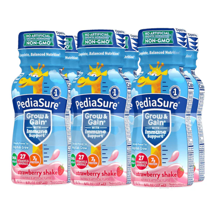 Six-pack of PediaSure Strawberry Nutritional Shakes in 8 oz bottles from Farmacias Savia, featuring bright strawberry-flavored drink images.