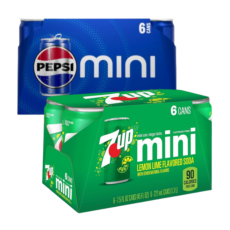 Six-pack of 7.5 oz Pepsi and 7up sodas from Farmacias Savia, featuring colorful cans in a pack of six.
