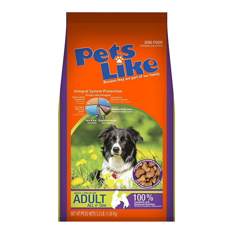 Adult Pets Like all-in-one dog food by Farmacias Savia, 3.3 lb package, with kibble and ingredients visible in the image.