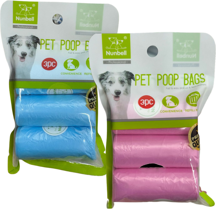Set of three pet poop bags from Farmacias Savia, durable and eco-friendly for easy waste disposal during walks.