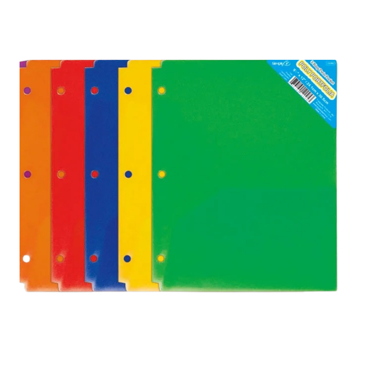 Polyester school portfolio with two pockets, 9x12 inches, featuring visible compartments and transparent sleeves for organization.