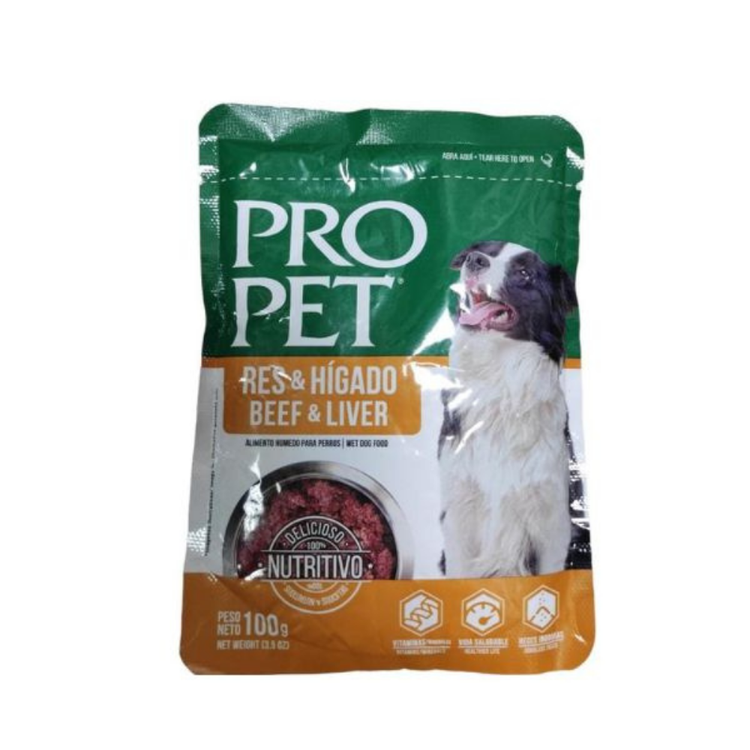 Pro Pet Beef and Liver Pouch for pets, 3.5 oz, premium animal alimentation snack from Farmacias Savia featuring beef and liver.