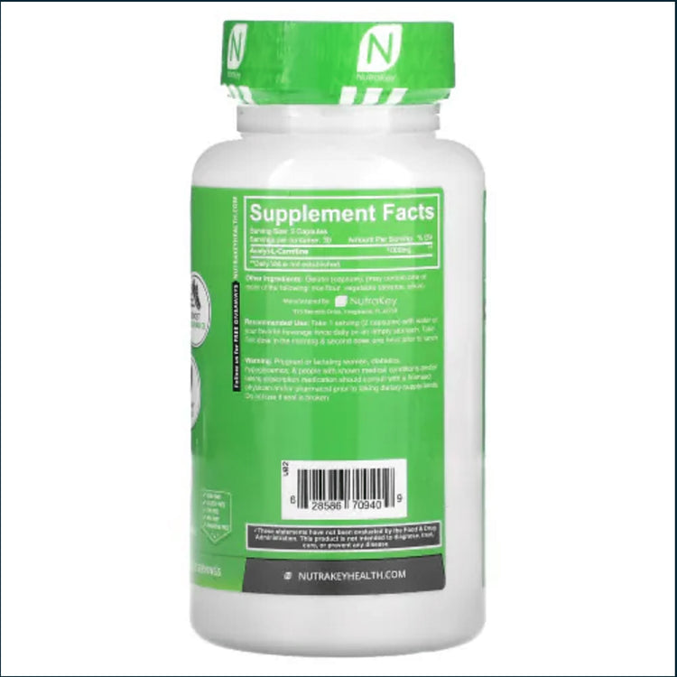 NutraKey Acetyl-L-Carnitine 1000mg capsules for weight loss, showing 60 softgel capsules in the bottle.