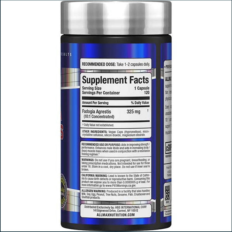 Allmax Fadogia Agrestis 325mg testosterone booster capsules in a bottle with label showing product details.