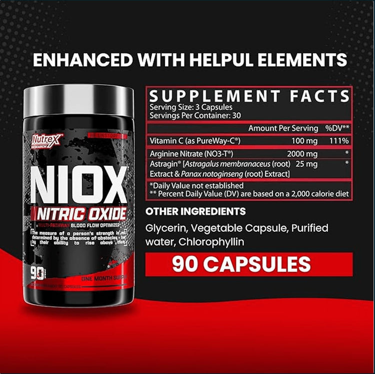 Nutrex Niox Nitric Oxide pre-workout supplement bottles with 90 capsules, featuring vibrant label design and supplement details.