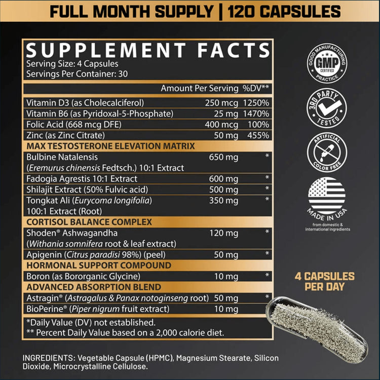 Bottle of Nutrex Alpha-T Magnum testosterone booster capsules with label visible, 120 count, in a clear plastic container.