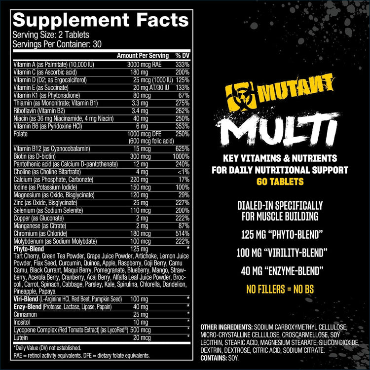 Mutant Multi vitamins with 60 caplets from PoorBoySupplements.com, showing the bottle and caplets on a white background.