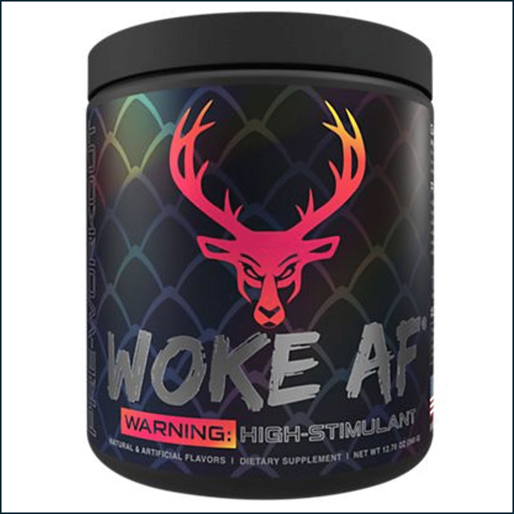 Bucked Up Woke AF high stimulant pre-workout powder in a container with a scoop and label showing 30 servings.