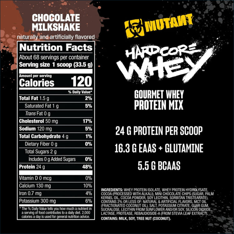 PoorBoySupplements Mutant Hardcore Whey protein powder 5lb container with label and scoop for muscle building.