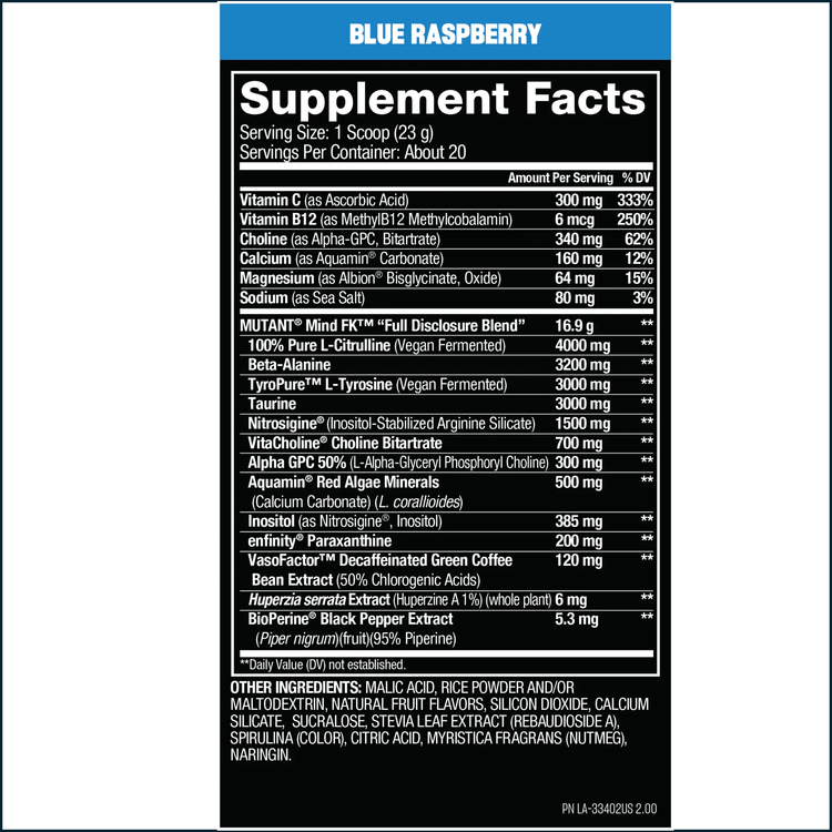Mutant MindFK pre-workout supplement in a container with label, featuring 20 servings for enhanced focus and energy during workouts.