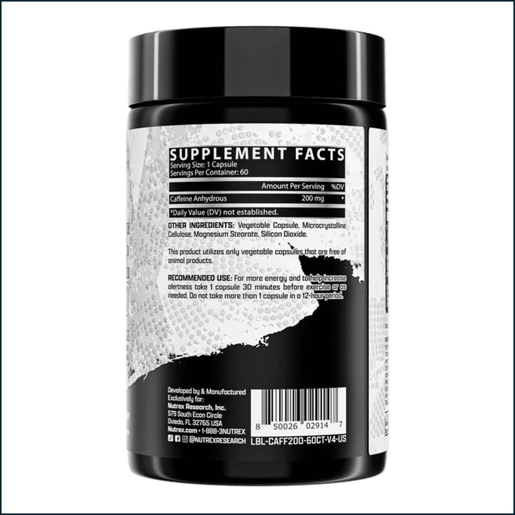 Close-up of Nutrex Caffeine 200mg pre-workout supplement capsules in a bottle, designed to boost energy and focus during workouts.