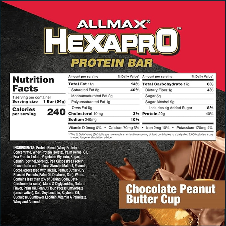AllMax Hexapro protein bar in 54g package, showing a chocolate-coated snack bar with visible caramel and nut filling.