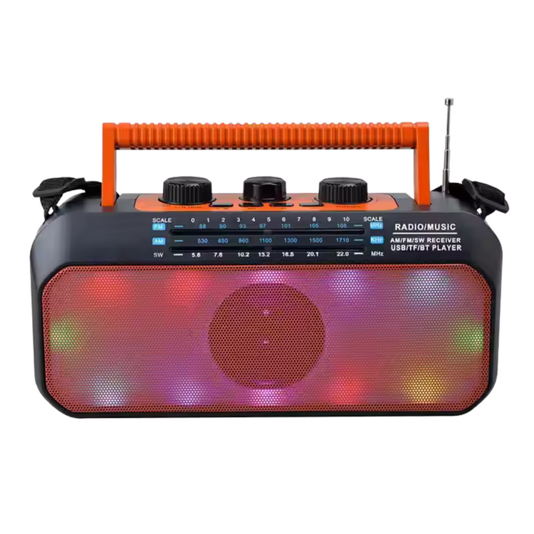 EcoTune portable radio with analog tuner, silver finish, and control knobs, designed for easy listening and outdoor use.