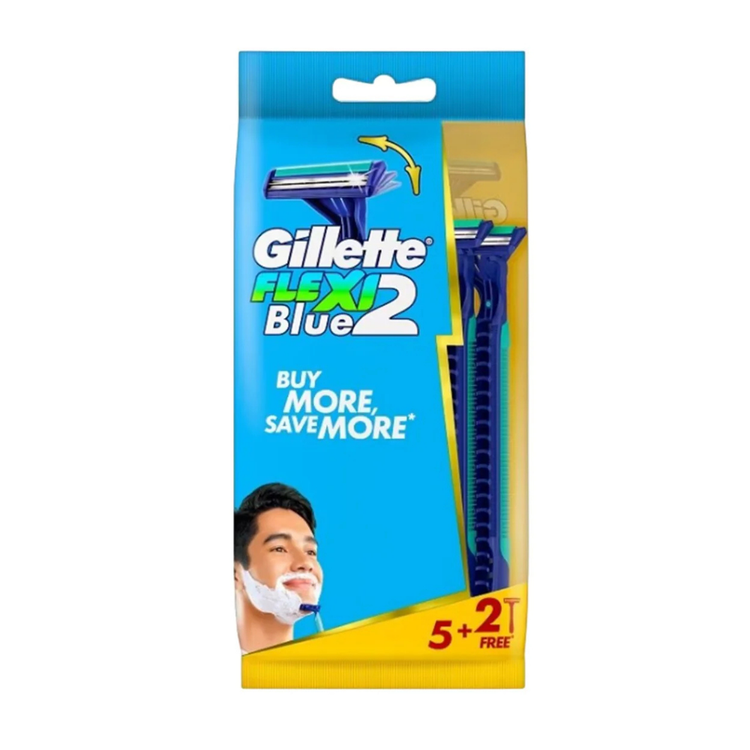 Gillette Blue 2 Flexi disposable razors in a 5+2 pack, featuring sleek design and flexible blades for smooth shaving.