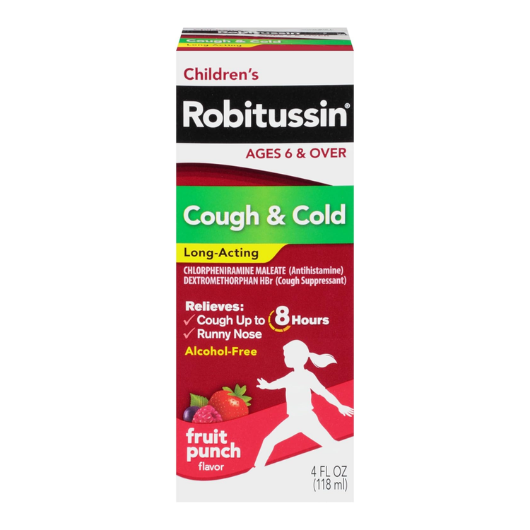 Robitussin Children’s Cough & Cold Fruit Punch syrup in a 4 oz bottle, designed for kids&